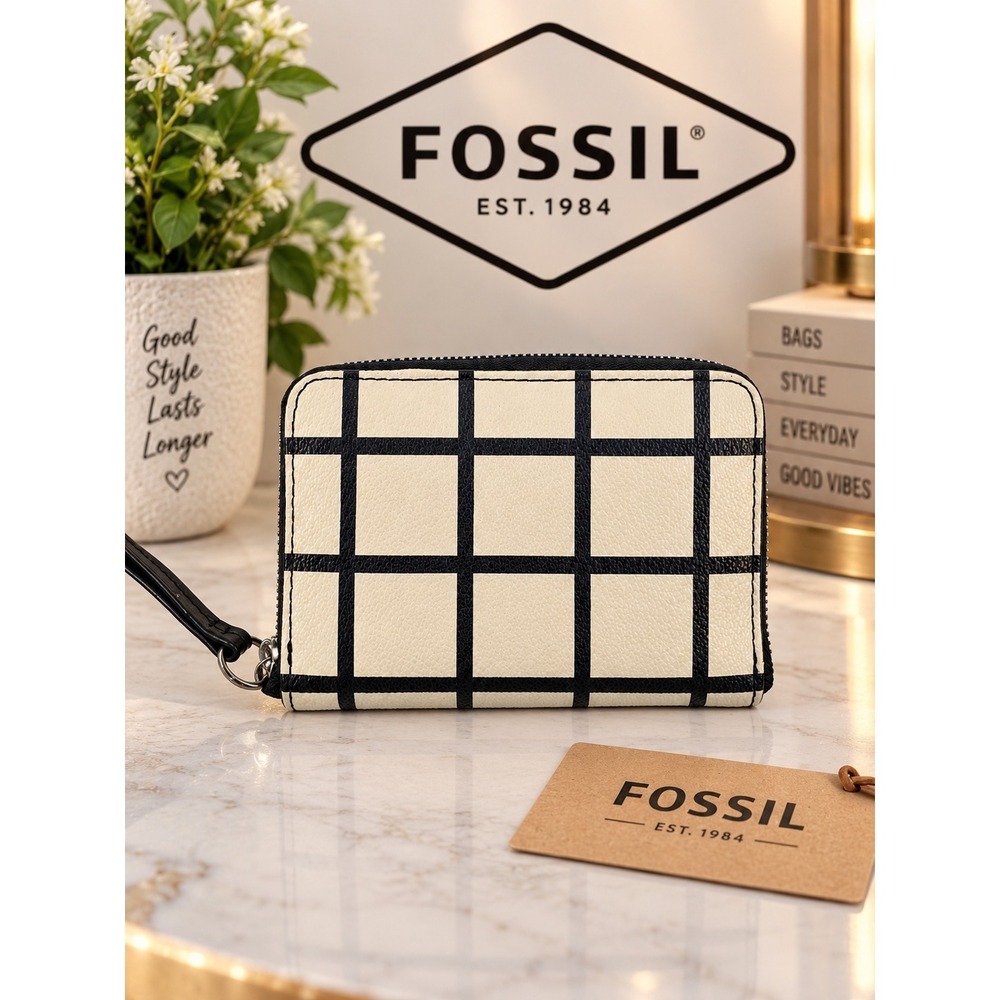 Fossil Cream Black Windowpane Grid Zip Around Wallet Teal Interior Wristlet
